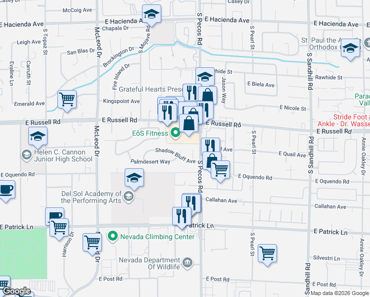 map of restaurants, bars, coffee shops, grocery stores, and more near 3331 Palmdesert Way in Las Vegas