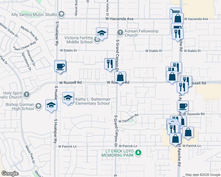map of restaurants, bars, coffee shops, grocery stores, and more near 9925 West Russell Road in Las Vegas