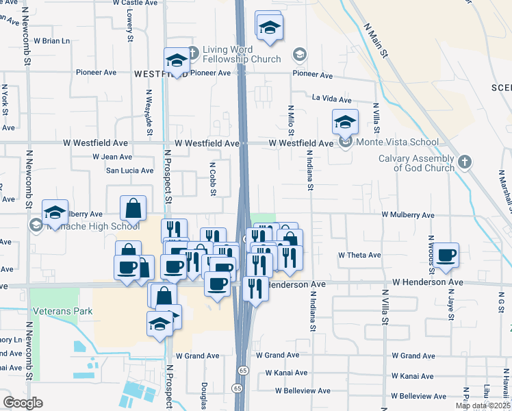 map of restaurants, bars, coffee shops, grocery stores, and more near 950 West Mulberry Avenue in Porterville