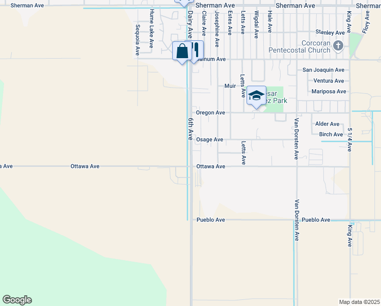 map of restaurants, bars, coffee shops, grocery stores, and more near 2100-2398 6th Avenue in Corcoran