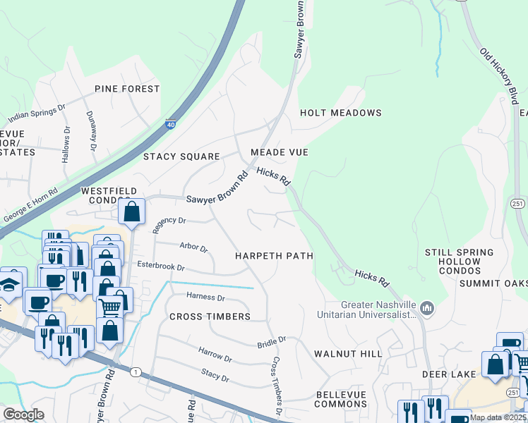 map of restaurants, bars, coffee shops, grocery stores, and more near 595 Hicks Road in Nashville