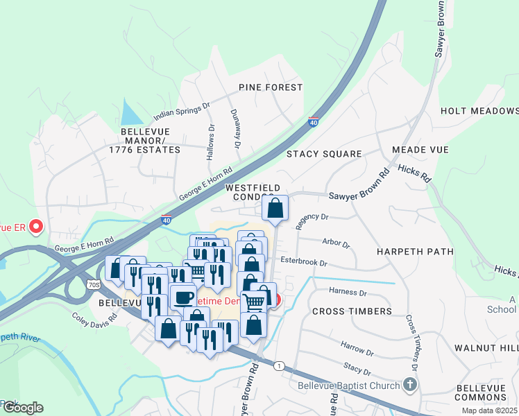 map of restaurants, bars, coffee shops, grocery stores, and more near 250 Westfield Drive in Nashville