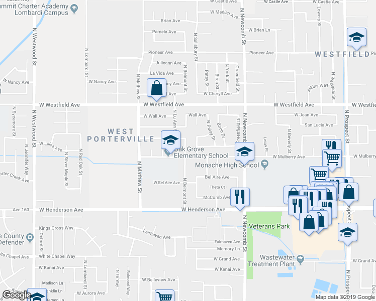 map of restaurants, bars, coffee shops, grocery stores, and more near 1000 North Belmont Street in Porterville