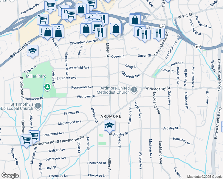 map of restaurants, bars, coffee shops, grocery stores, and more near 607 Miller Street in Winston Salem