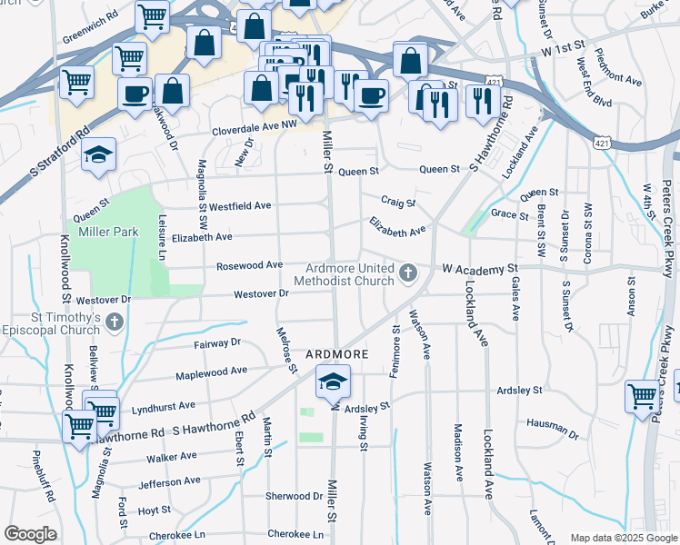 map of restaurants, bars, coffee shops, grocery stores, and more near 605 Miller Street in Winston-Salem