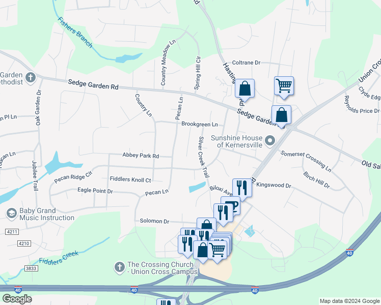 map of restaurants, bars, coffee shops, grocery stores, and more near 173 Picardy Court in Kernersville