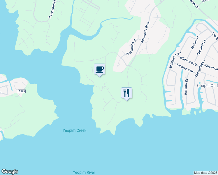 map of restaurants, bars, coffee shops, grocery stores, and more near 414 Albemarle Boulevard in Hertford
