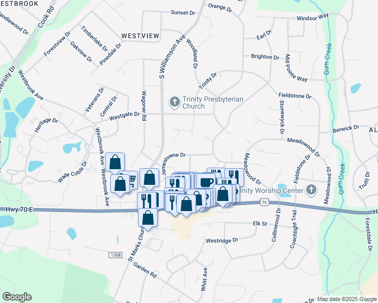 map of restaurants, bars, coffee shops, grocery stores, and more near 1210 Jamestowne Drive in Elon