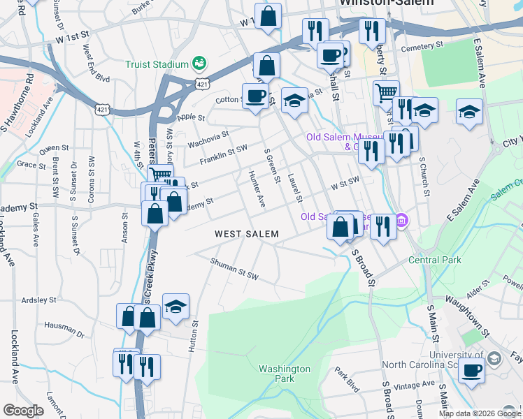 map of restaurants, bars, coffee shops, grocery stores, and more near 941 West Street Southwest in Winston-Salem