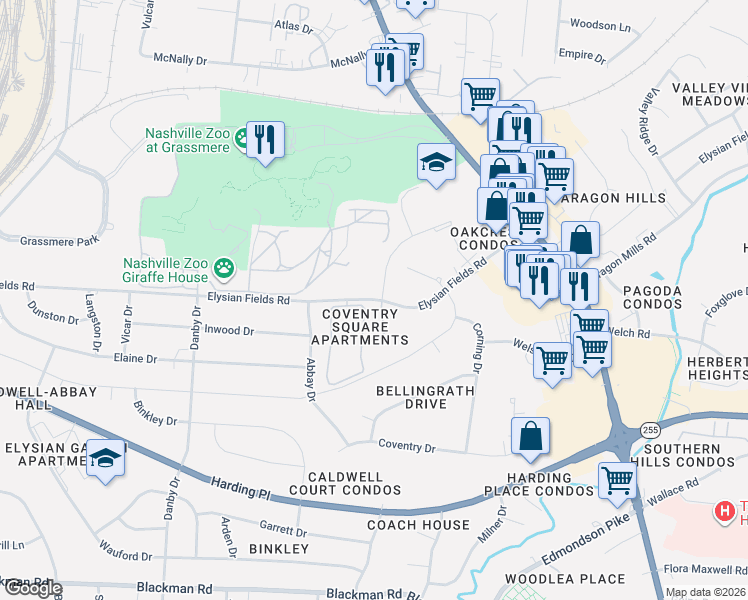 map of restaurants, bars, coffee shops, grocery stores, and more near Elysian Fields Road in Nashville
