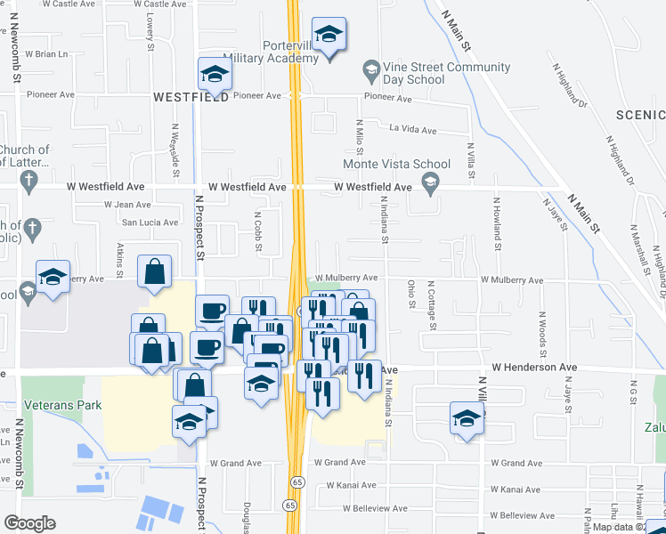 map of restaurants, bars, coffee shops, grocery stores, and more near 1015 North Wisconsin Way in Porterville