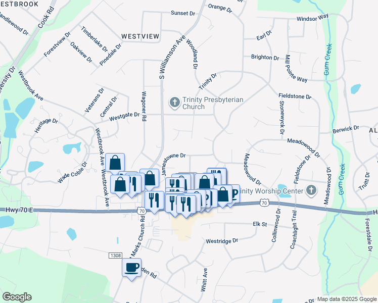 map of restaurants, bars, coffee shops, grocery stores, and more near 1210 Jamestowne Drive in Elon