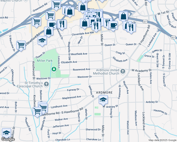 map of restaurants, bars, coffee shops, grocery stores, and more near 2300 Rosewood Avenue in Winston-Salem