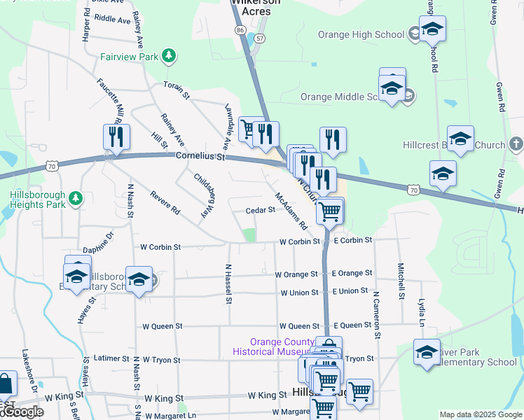 map of restaurants, bars, coffee shops, grocery stores, and more near 654 Cedar Street in Hillsborough