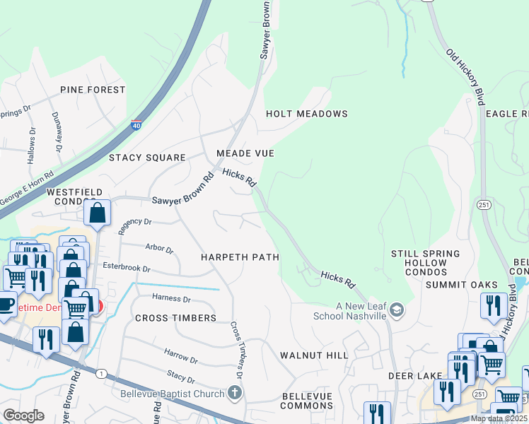 map of restaurants, bars, coffee shops, grocery stores, and more near 595 Hicks Road in Nashville