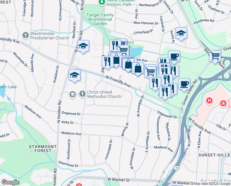 map of restaurants, bars, coffee shops, grocery stores, and more near 10 Hobbs Place in Greensboro