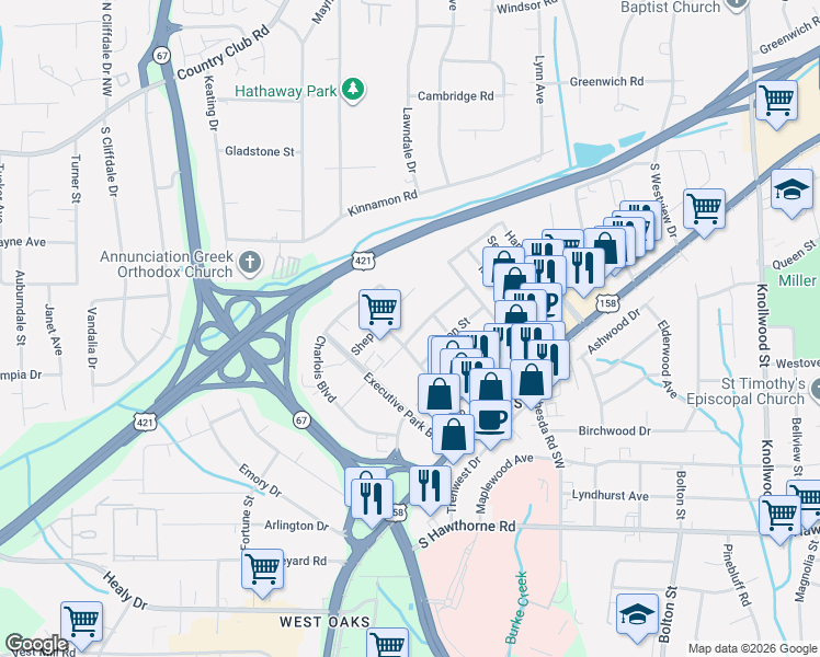 map of restaurants, bars, coffee shops, grocery stores, and more near 410 Upton Street in Winston-Salem