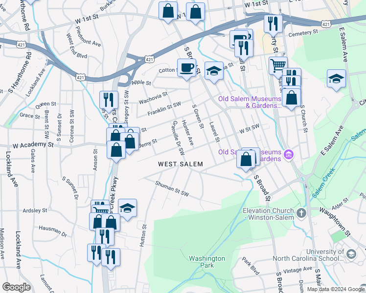 map of restaurants, bars, coffee shops, grocery stores, and more near 635 Granville Drive Southwest in Winston-Salem
