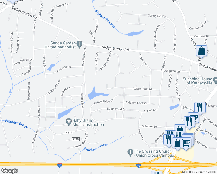 map of restaurants, bars, coffee shops, grocery stores, and more near 4465 Abbey Park Road in Kernersville