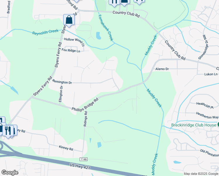 map of restaurants, bars, coffee shops, grocery stores, and more near 5647 Bassford Court in Winston-Salem