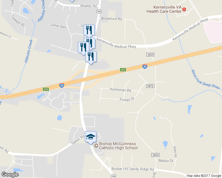 map of restaurants, bars, coffee shops, grocery stores, and more near 9020 Huntsman Road in Kernersville