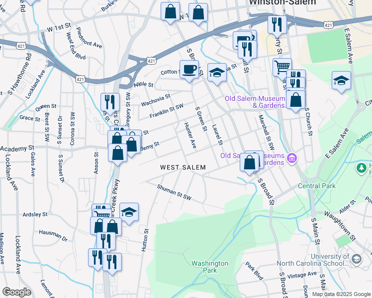 map of restaurants, bars, coffee shops, grocery stores, and more near 635 Granville Drive Southwest in Winston-Salem