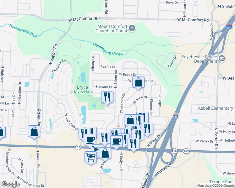map of restaurants, bars, coffee shops, grocery stores, and more near 1607 Timberline Drive in Fayetteville