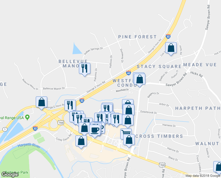 map of restaurants, bars, coffee shops, grocery stores, and more near 419 Westfield Dr in Nashville