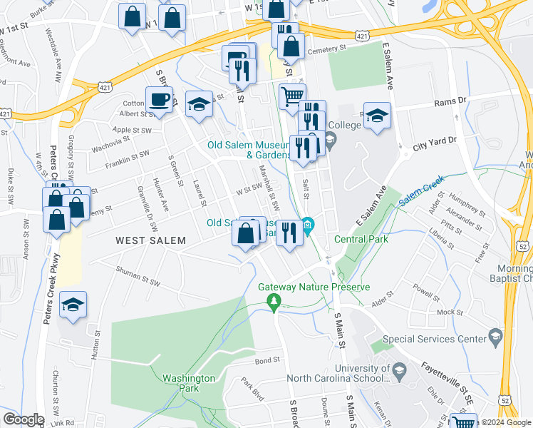 map of restaurants, bars, coffee shops, grocery stores, and more near 787 Poplar Street Southwest in Winston-Salem