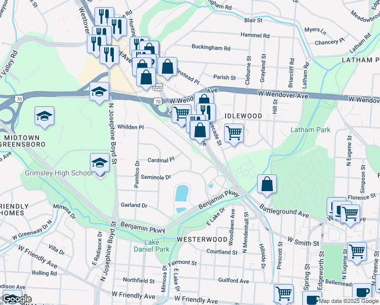 map of restaurants, bars, coffee shops, grocery stores, and more near 1210 Whilden Place in Greensboro