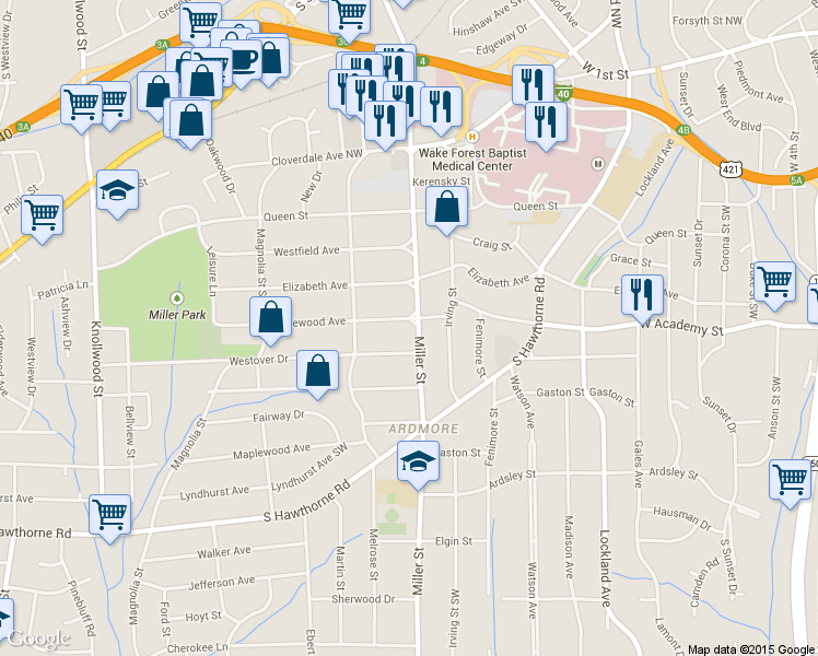 map of restaurants, bars, coffee shops, grocery stores, and more near 2200 Rosewood Avenue Southwest in Winston-Salem