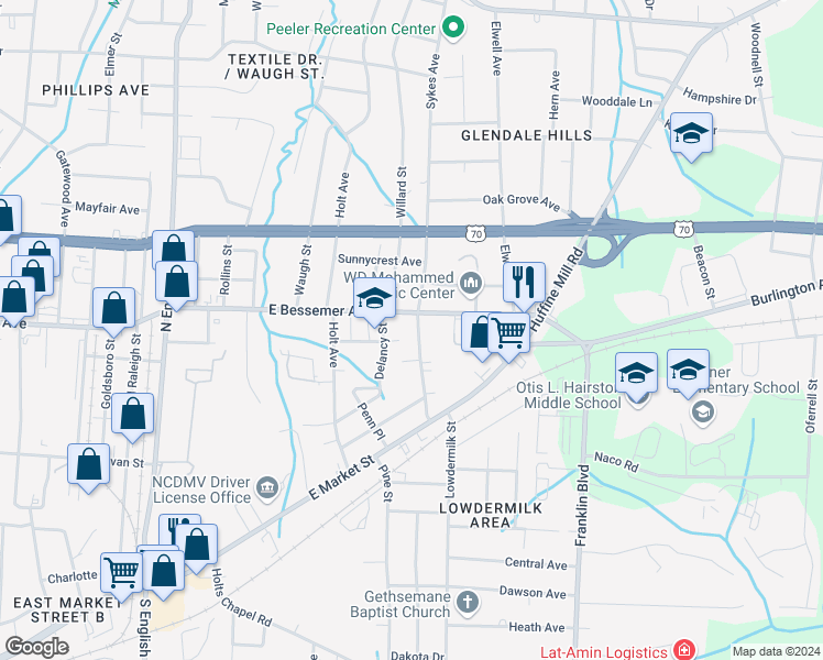 map of restaurants, bars, coffee shops, grocery stores, and more near 505 Sykes Avenue in Greensboro