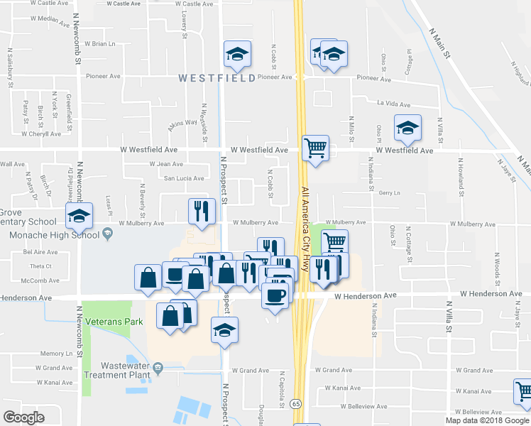 map of restaurants, bars, coffee shops, grocery stores, and more near 1041 North Cobb Street in Porterville