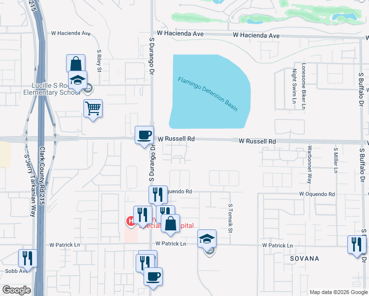 map of restaurants, bars, coffee shops, grocery stores, and more near 8555 West Russell Road in Las Vegas