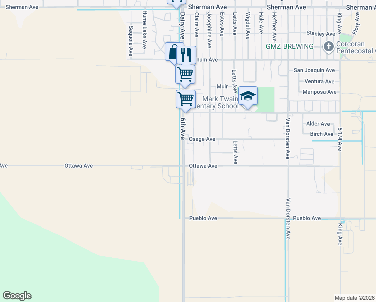 map of restaurants, bars, coffee shops, grocery stores, and more near 1816 Ottawa Avenue in Corcoran
