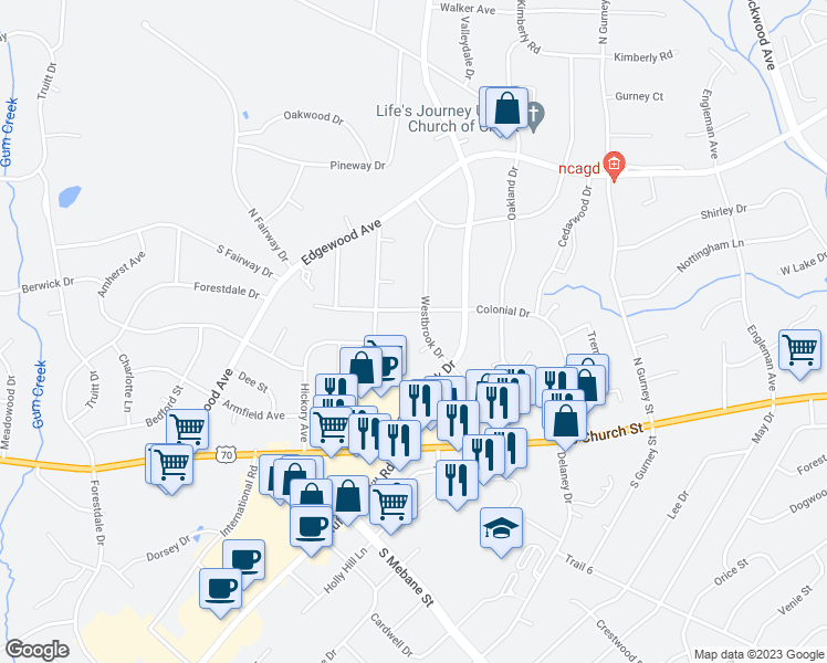 map of restaurants, bars, coffee shops, grocery stores, and more near 204 Westbrook Court in Burlington