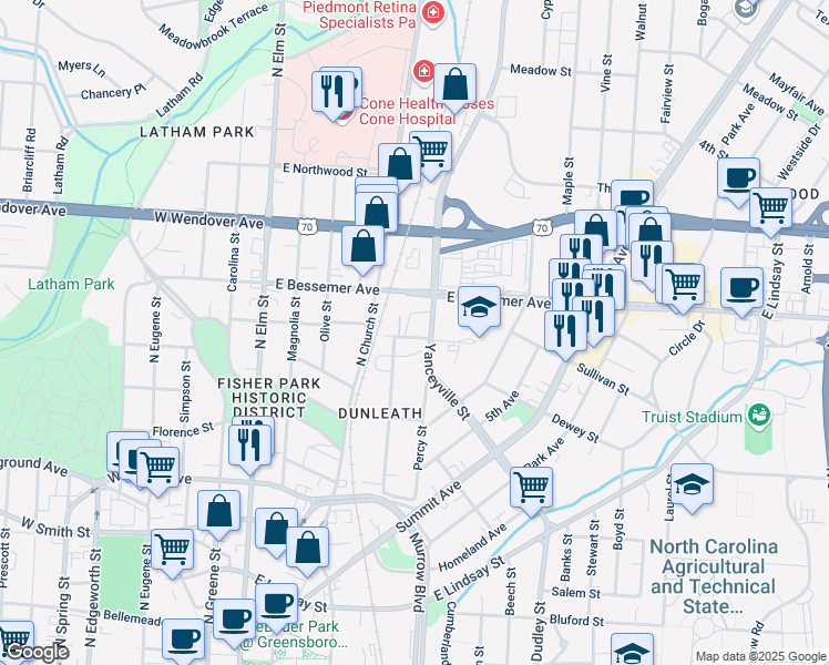 map of restaurants, bars, coffee shops, grocery stores, and more near in Greensboro
