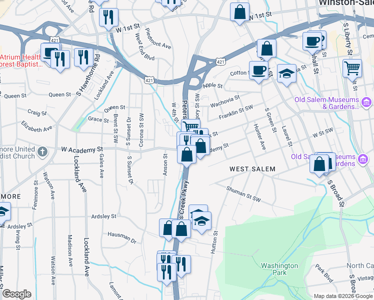 map of restaurants, bars, coffee shops, grocery stores, and more near 619 Peters Creek Parkway in Winston-Salem