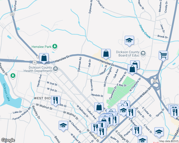 map of restaurants, bars, coffee shops, grocery stores, and more near 200 Reeves Street in Dickson