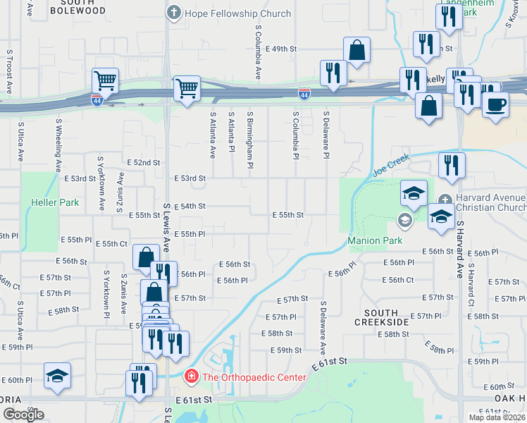 map of restaurants, bars, coffee shops, grocery stores, and more near 2620 East 55th Street in Tulsa