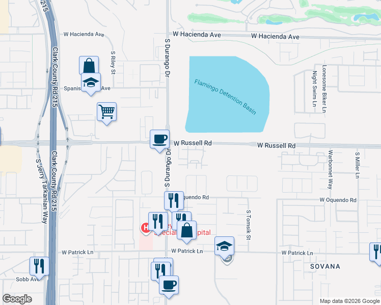 map of restaurants, bars, coffee shops, grocery stores, and more near 8555 West Russell Road in Las Vegas