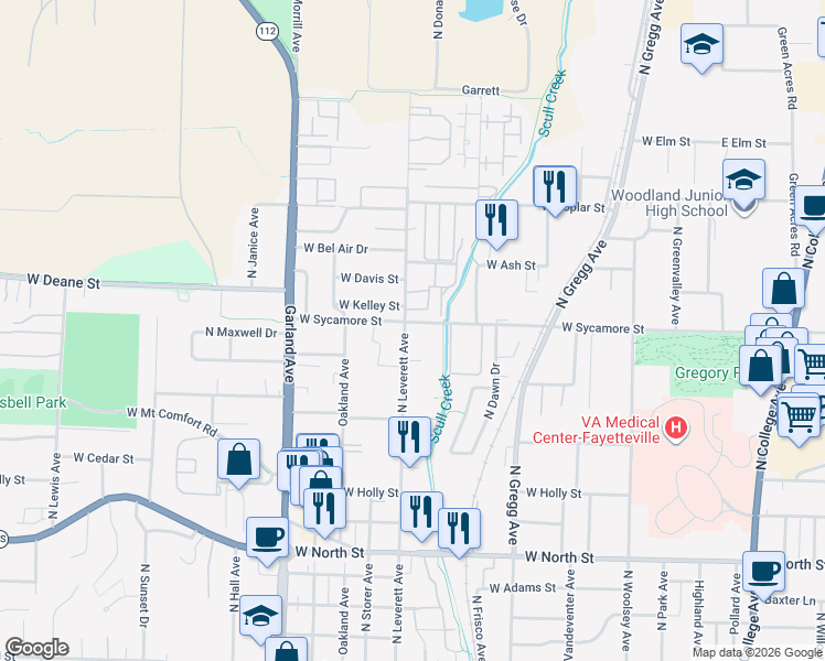 map of restaurants, bars, coffee shops, grocery stores, and more near 1606 North Leverett Avenue in Fayetteville