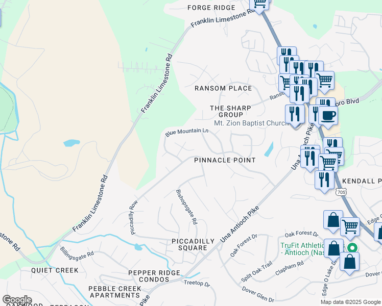 map of restaurants, bars, coffee shops, grocery stores, and more near 1085 Blue Mountain Lane in Nashville