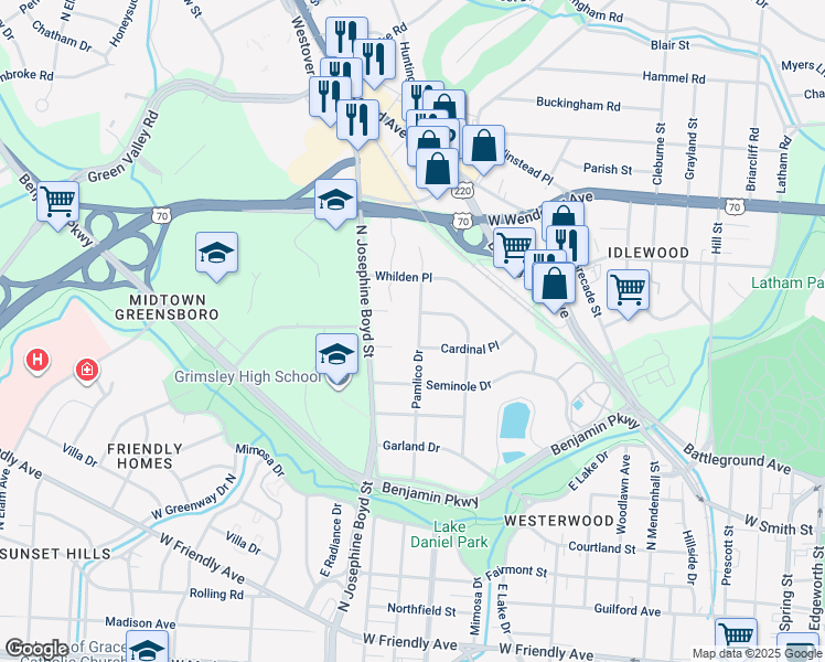 map of restaurants, bars, coffee shops, grocery stores, and more near 1005 Pamlico Drive in Greensboro
