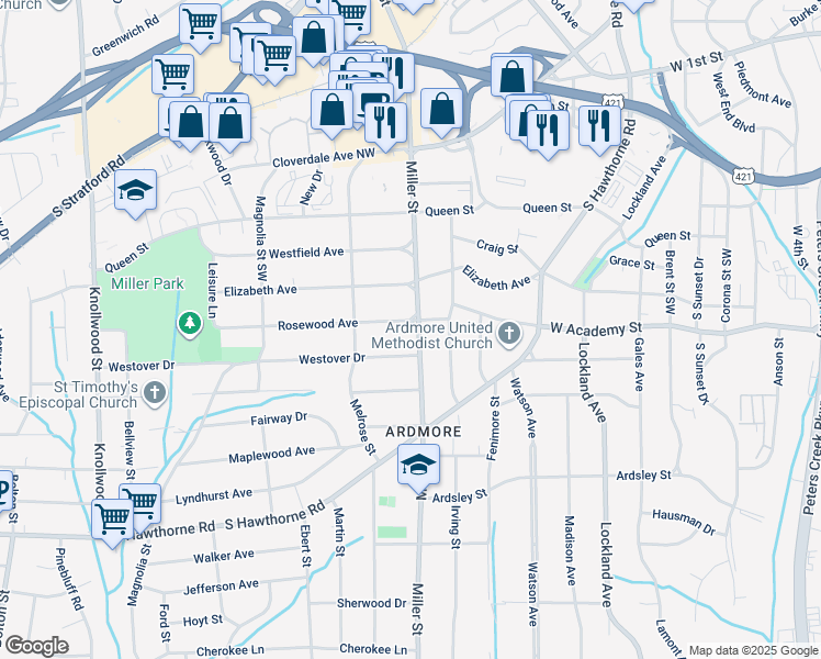 map of restaurants, bars, coffee shops, grocery stores, and more near 2200 Rosewood Avenue Southwest in Winston-Salem