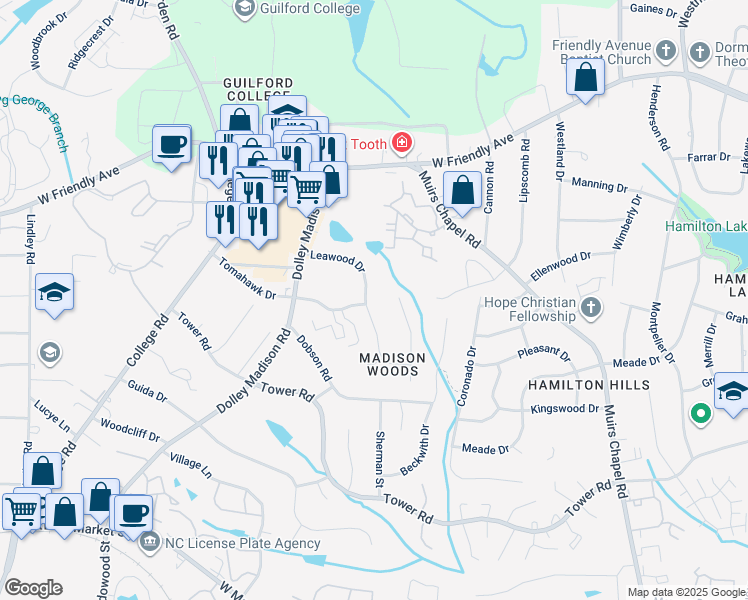 map of restaurants, bars, coffee shops, grocery stores, and more near 511 Leawood Drive in Greensboro