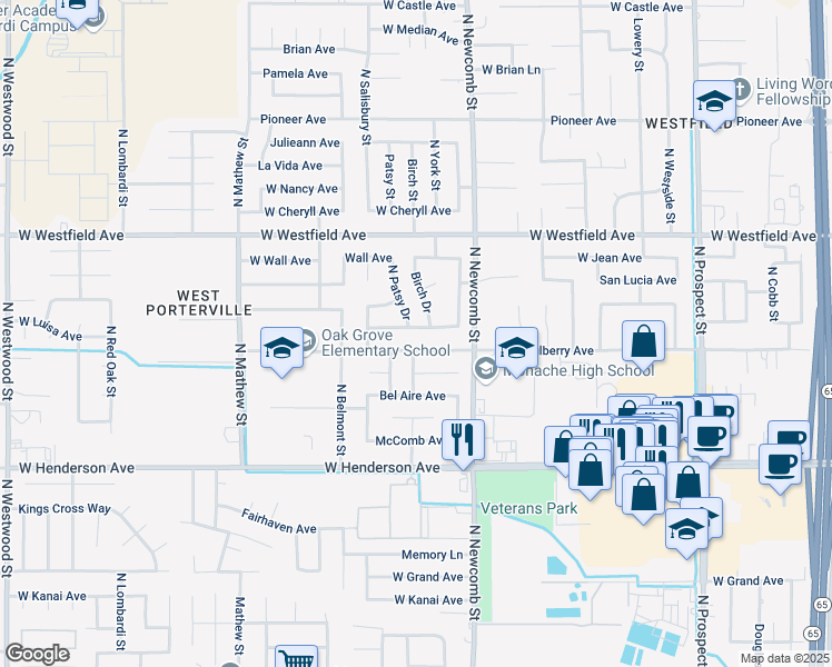 map of restaurants, bars, coffee shops, grocery stores, and more near 1691 West Mulberry Avenue in Porterville