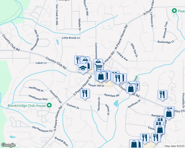 map of restaurants, bars, coffee shops, grocery stores, and more near 100 South Peace Haven Road in Winston-Salem