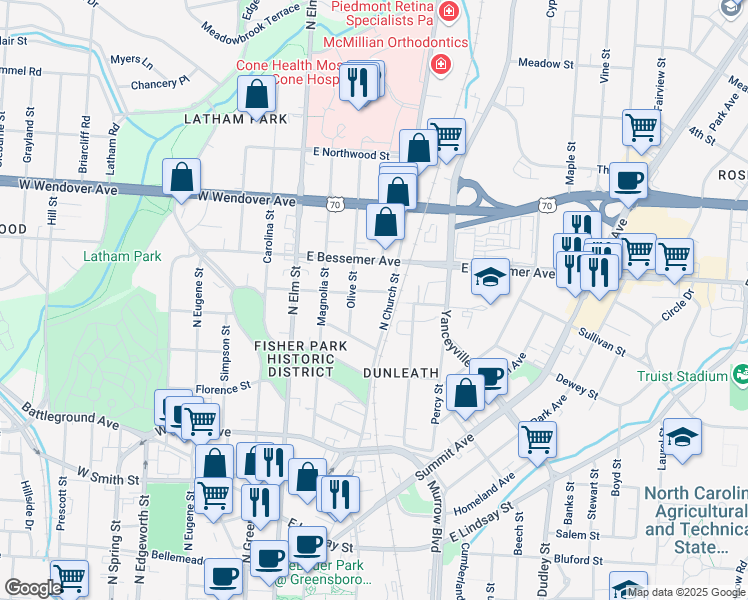map of restaurants, bars, coffee shops, grocery stores, and more near 310 East Hendrix Street in Greensboro