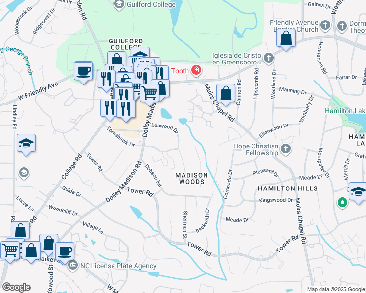 map of restaurants, bars, coffee shops, grocery stores, and more near 511 Leawood Drive in Greensboro